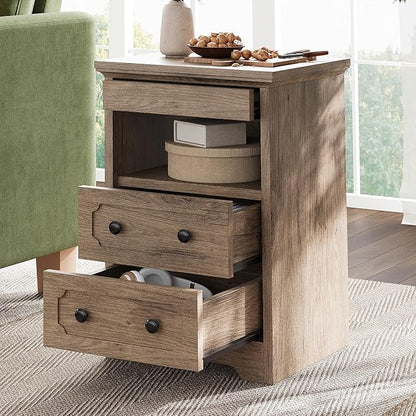 LIKIMIO Night Stand, Modern Bedside Table with 2 Drawers, Open Shelf, End Table with Pull-Out Tray, Wood SideTable, Grey Oak