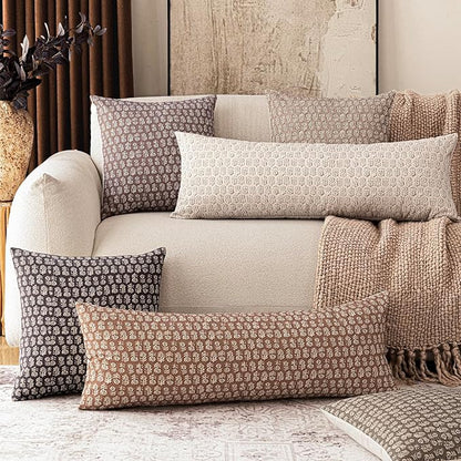 Foindtower Set of 2 Decorative Vintage Long Lumbar Throw Pillow Covers Neutral Modern Farmhouse Cushion Covers Floral Home Decor for Sofa Couch Chair Bedroom Living Room Outdoor,14×36 Inch,Wine Red