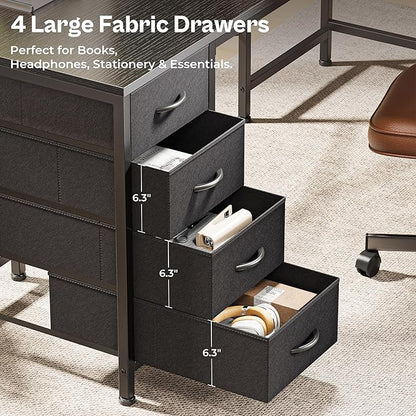 Huuger 55 Inch L Shaped Desk with Fabric Drawers, Reversible Computer Gaming Desk with Power Outlets and USB-C Port, Adjustable Side Storage Shelves, for Work Study Corner Home Office, Black