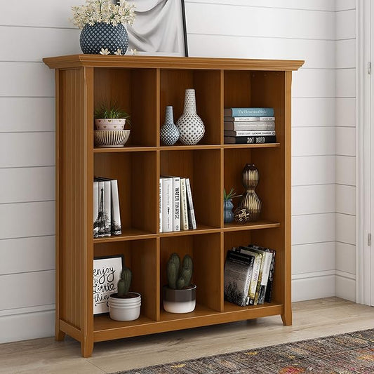 SIMPLIHOME Acadian Bookcase - 44 inch Tall 9-Cube Solid Wood Cube Organizer in Light Golden Brown, Transitional Bookcase Storage for Living Room, Study or Office with Fixed Shelves and Tapered Legs