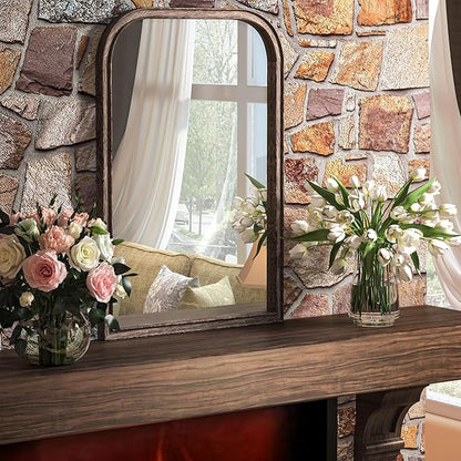 20"x30" Solid Wood Bathroom Mirror Arch Tempered Glass for Wall Mounted, Rustic Wood Frame Wall Mirror Decorative for Living Room Bedroom Vanity Mirror Entryway Mirror, Rustic Brown