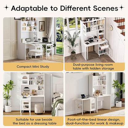 Merax Computer Desk with 90 Degree Rotating Desktop, L Shaped Office Desk with Storage Drawer and Cabinets, Writing Desk with Shelves for Study, Work Desk for Office Bedroom Living Room, White