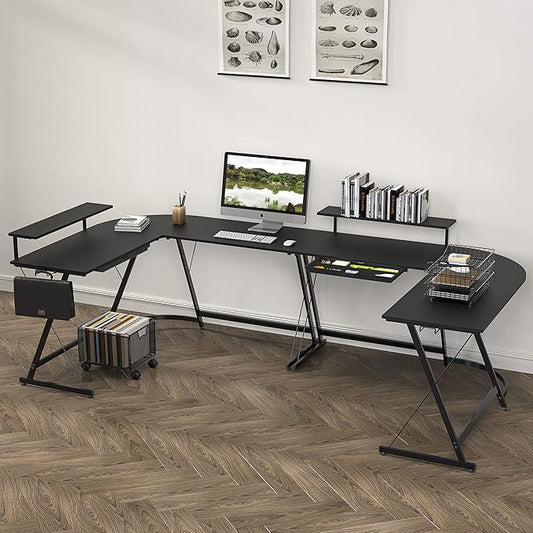 SHW 51 x 51 Inches Vista L-Shaped Desk with Monitor Stand and Drawer, Black
