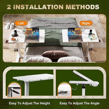Standing Desk, Medical Overbed Table with Rolling Tray and Power Outlet, Dual Pneumatic Angle and Height Adjustable Desk, Portable Side Table with Drawer, Home & Hospital Use, White
