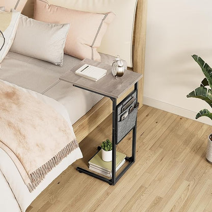 Vagusicc C Shaped End Table, Small Side Table for Couch, Couch Side Table C Table for Small Space, TV Tray Slide Under Sofa Snack Table with Metal Frame for Living Room, Bedroom, Bedside, Grey
