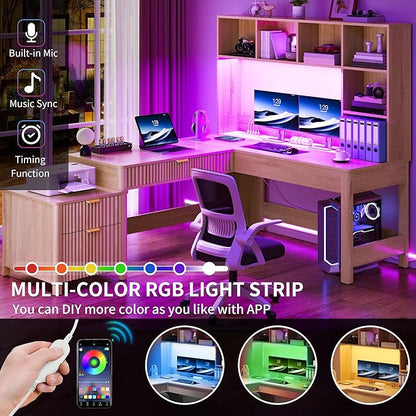 YITAHOME L Shaped Desk with Hutch and Drawers, 67" Computer Desk Gaming Desk with Power Outlets & LED Lights, Wood Home Office Desk with Printer Stand, Fluted Sturdy Writing Workstation, Natural Oak