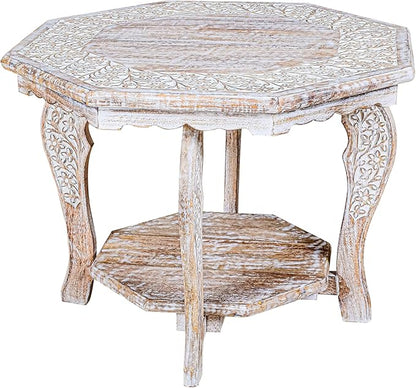 Farmhouse Carved Octagonal End Table – Rustic Accent Side Table with Hand Carved Floral Detailing, Portable Wood Tray Top, White Wash Finish, 24" Dai x 18" Height–Nightstand For Living Room,Bedroom