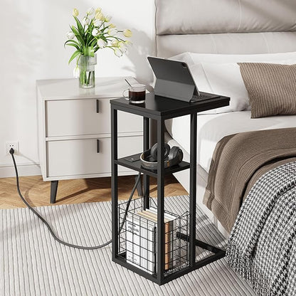 Vagusicc C Shaped End Table with Charging Station, Side Table for Couch, Small Side End Table for Small Spaces, 28" High Slide Under Sofa Table for Coffee, Tv Tray Table for Living Room, Black