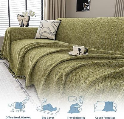 Nobildonna Sofa Cover Washable Soft Thicken Chenille Couch Cover with Tassel,Waterproof Sofa Slipcover for 3-4 Cushion Couch,Sectional Sofa,L-Shaped Furniture Protector Pet-Friendly,Green 91"x150"