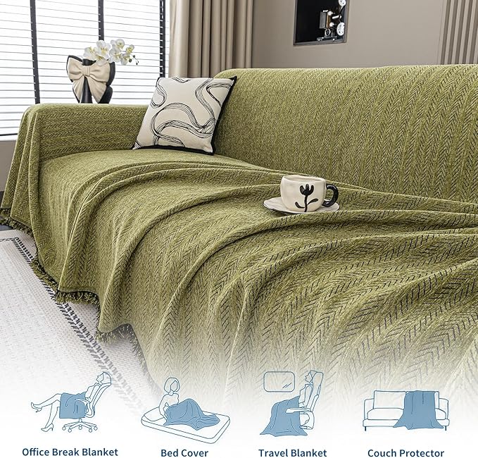Nobildonna Sofa Cover Washable Soft Thicken Chenille Couch Cover with Tassel,Waterproof Sofa Slipcover for 2-3 Cushion Couch,Sectional Sofa,L-Shaped Furniture Protector Pet-Friendly,Green 71"x118"