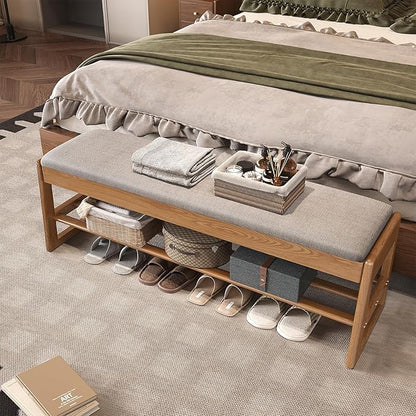Shoe Rack Bench with Cotton-Linen Cushion 2-Tier Wooden Storage Bench 550lbs Compact Simple & Modern Design for Entryway, Hallway, Bedroom, Living Room, Closet, Front Door Entrance, Foyer