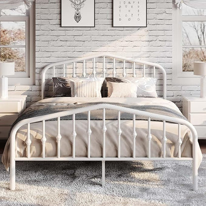 SHA CERLIN Queen Size Metal Platform Bed Frame with Victorian Style Wrought Iron-Art Headboard/Footboard, No Box Spring Required, White