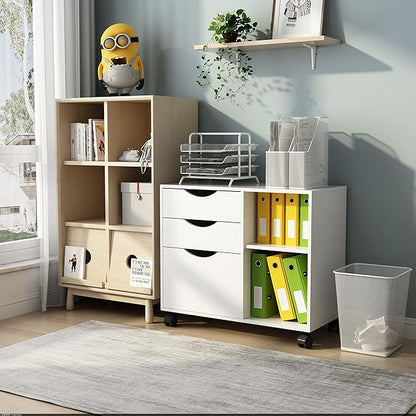 QDSSDECO 3-Drawer with Shelf Wood File Cabinet Mobile Lateral Filing Cabinet, with Rolling Wheel Printer Stand and Open Adjustable Storage Shelves, for Home Office, White
