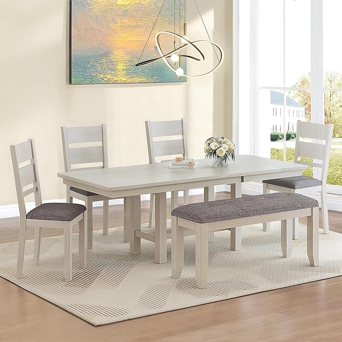 6-Piece Solid Wood Dining Table Set for 6, Extendable Table with 4 Upholstered Chairs and 1 Bench– Easy Assembly for Indoor Use, Kitchen, Dining Room, Grey