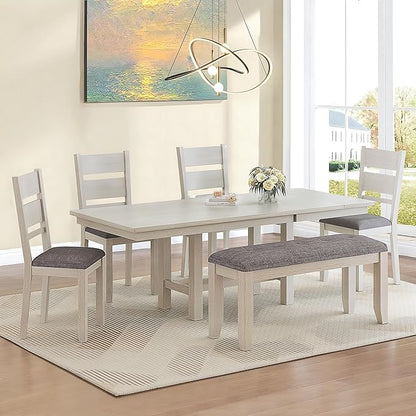 6-Piece Solid Wood Dining Table Set for 6, Extendable Table with 4 Upholstered Chairs and 1 Bench– Easy Assembly for Indoor Use, Kitchen, Dining Room, Grey