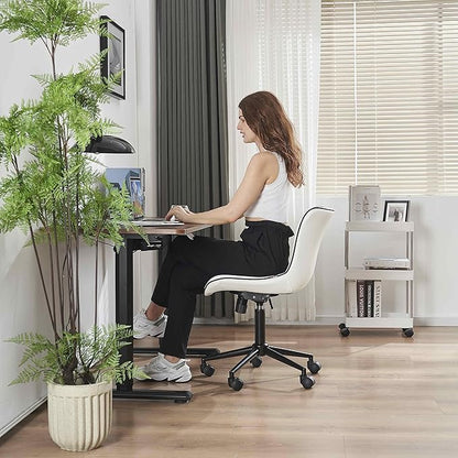 YOUNIKE Ergonomic Home Office Desk Chair with Wheels White Comfy Armless Vanity Chair with Back Modern Faux Leather Upholstered Task Chair Small Cute Rolling Drafting Chair No Arms Adjustable Swivel