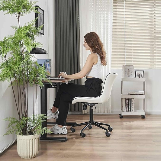 YOUNIKE Home Office Desk Chair with Wheels Armless Vanity Chair with Back Comfy Modern Leather Upholstered Rolling Task Chair Swivel Small Cute Computer Chair No Arms Wide Adjustable Ergonomic White