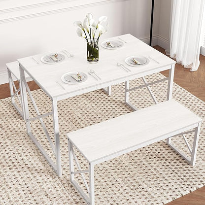 VECELO Dining Table with 2 Benches for 4, 43.3'' Wood Kitchen Room Dinette Sets with Metal Frame for Breakfast Nook and Small Space, White