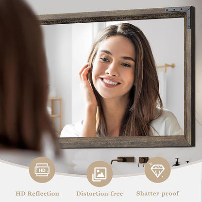 YOSHOOT Farmhouse Bathroom Mirror, Rustic Wooden Framed Mirror, Wood Vanity Mirror, Solid Wood & Handmade, Vertical or Horizontal Hanging for Bathroom Entryway Living Room Bedroom, 48" x 30", Brown