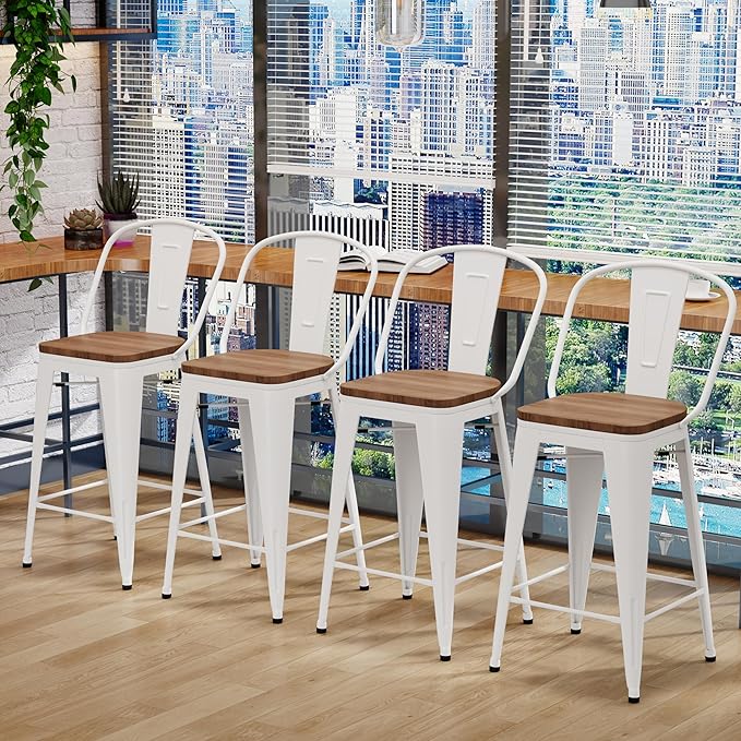 Changjie Furniture 30 Inches Metal Barstools Set of 4 Counter Height Bar Stools Industrial Stools with Backs High Back Chairs for Kitchen Island (30 Inch, White)