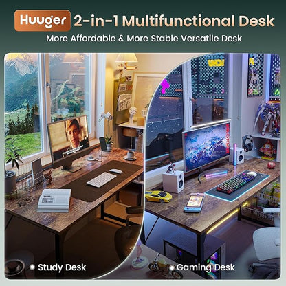 Huuger Computer Desk, 55 Inch Home Office Desk, Gaming Writing Work from Home Study Desk, Large Legroom, Sturdy Metal Frame, Modern Simple, Rustic Brown