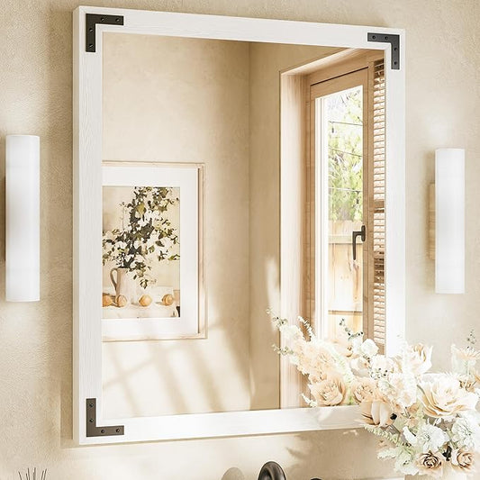 TETOTE 30 x 36 White Wooden Mirror for Bathroom Wall/Bedroom/Living Room/Entryway Farmhouse Rustic Bathroom Vanity Mirror Waterproof (Horizontal/Vertical Mounted)