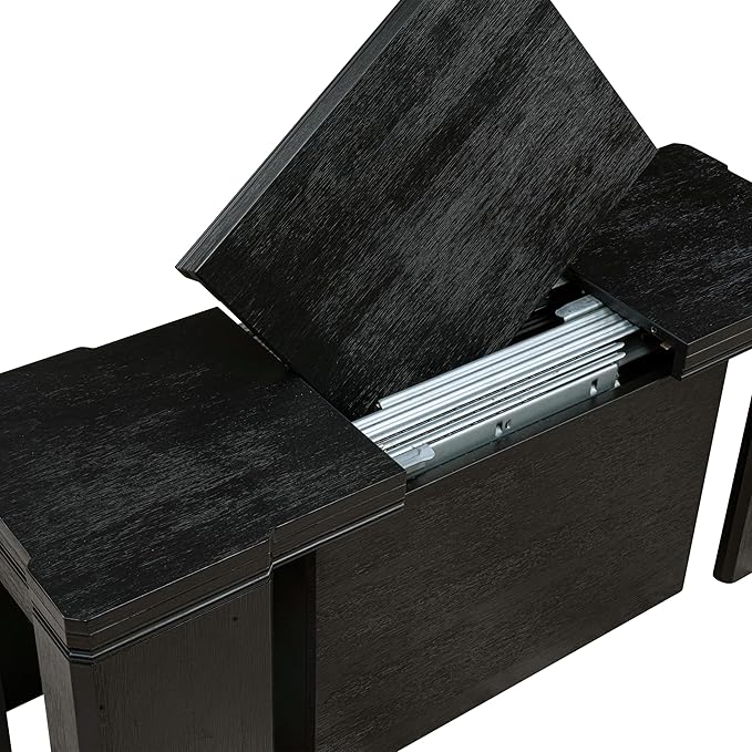 X07VE-BC6-50 - 10-Pc Dining Table Set a Kitchen Table with a coffee Table and wooden Bench & 7 Dark Gotham Grey Linen Fabric Dinner Chair, 39x120 Inch, Wire Brushed Black