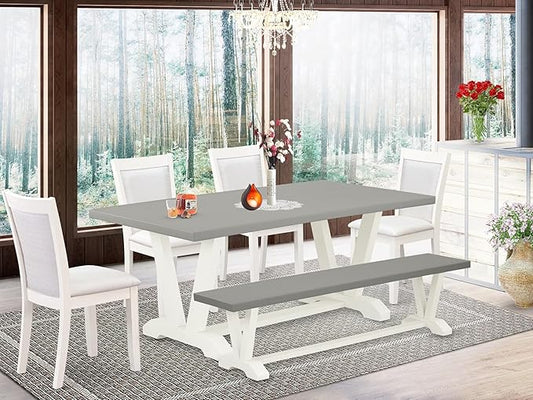 East West Furniture V097MZ001-6 6 Piece Dining Table Set Contains a Rectangle Dining Room Table with V-Legs and 4 Cream Linen Fabric Parson Chairs with a Bench, 40x72 Inch, Multi-Color