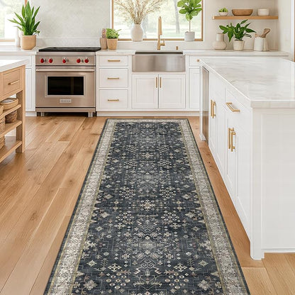 Black Washable Long Runners for Hallways, 2'6"x8' Wide Kitchen Runner Rug, Entryway Indoor Rug, Non Slip Rubber Backing Boho Vintage Floor Decor