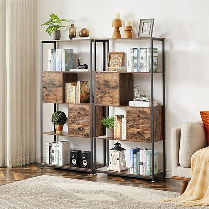 VECELO 5-Tier Bookshelf,Bookcase with 2 Storage Drawers and 1 Cabinet, Wood Shelves with Metal Frame,Open Book Shelves Standing Shelf Unit for Living Room, Bedroom,Office,Kichen