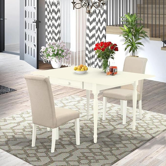 East West Furniture MZBA3-LWH-01 3 Piece Dining Room Table Set Contains a Rectangle Kitchen Table with Dropleaf and 2 Cream Linen Fabric Parson Dining Chairs, 36x54 Inch, Linen White