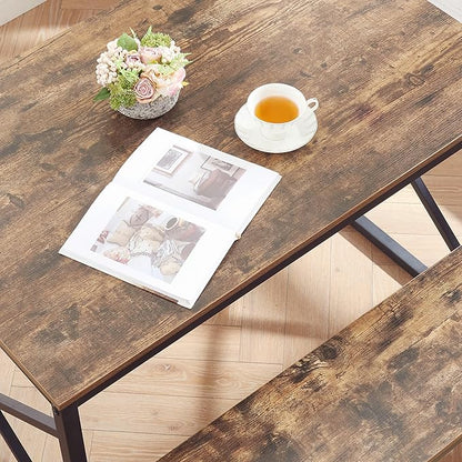 VECELO Kitchen Table with 2 Benches for 4, Wood Dining Room Dinette Sets with Metal Frame for Breakfast Nook and Small Space, Brown