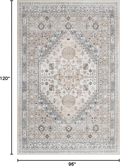 zesthome 8x10 Area Rugs for Living Room,Non-Slip Backing Washable Rugs,Vintage Large Area Rug，Stain Resistant Home Decor Rug (Beige,8'x10')
