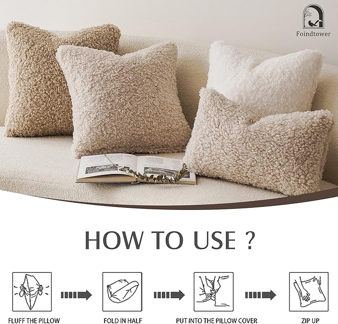Foindtower 2 Pieces 26x26 Inch Neutral Cream, Faux Fur Throw Pillow Cover Accent Sherpa Pillow Fuzzy Soft Pillowcases Sheepskin Decorative Fleece Cushion Case for Bed Couch Living Room