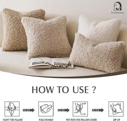 Foindtower 2 Pieces 22x22 Inch Neutral Cream, Faux Fur Throw Pillow Cover Accent Sherpa Pillow Fuzzy Soft Pillowcases Sheepskin Decorative Fleece Cushion Case for Bed Couch Living Room