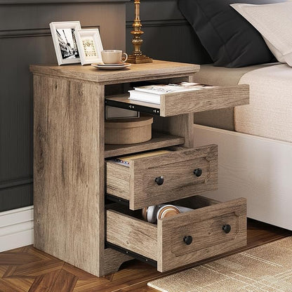 LIKIMIO Night Stand, Modern Bedside Table with 2 Drawers, Open Shelf, End Table with Pull-Out Tray, Wood SideTable, Grey Oak