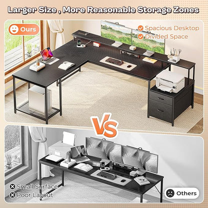 PRAISUN 66 Inch L Shaped Computer Desk with Power Outlets and LED Lights, Home Office Desk with Fabric Drawers and Print Stand, L Shape or Straight Set up, Monitor Stand, Carbon Fiber Black