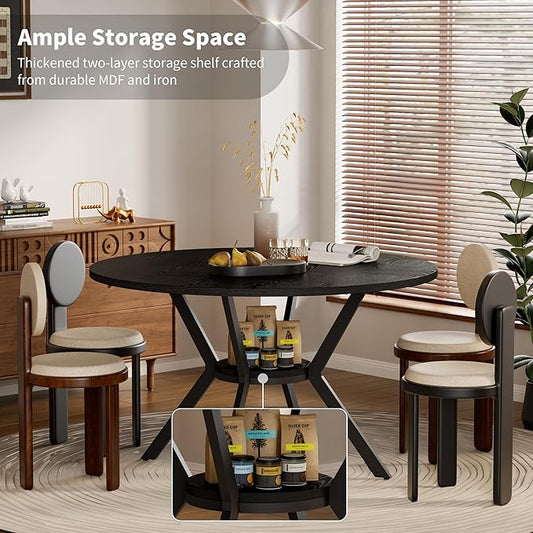 Black Dining Table for 4, 42 Inch Round Kitchen Table with Storage, Wooden Circle Dinner Table with Metal Legs, Rustic Mid Century Modern Dining Room Tables for Kitchen, Living Room, Dining Room