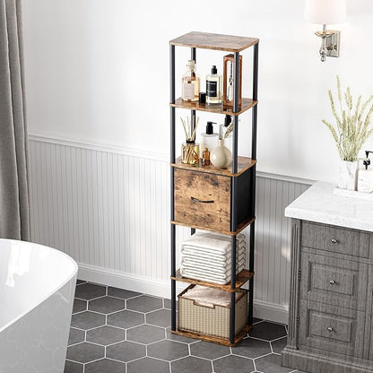 6-Tier Bookshelf with Drawer,Narrow Bookshelves Organizer,Floor Standing Ladder Shelf,Tall Bookcase for Small Space,Book shelf with Storage for Living Room, Bedroom, Office, Study Rustic Brown HBC505R