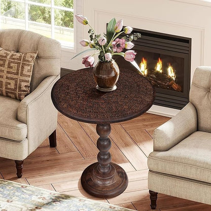 Side Tables Round – Small Drink Table for Small Spaces, Modern Accent Nightstand with Hand-Carved Top & Solid Wood Tables for Living Room, Bedroom, Office – Scorch Burnt Finish_18x22 Scorch Burnt
