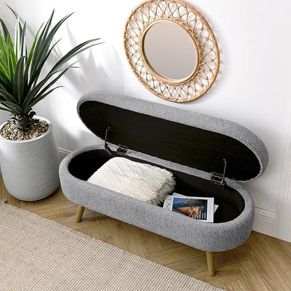Oval Storage Bench 43.5" Linen Fabric Upholstered Entryway Bench with Solid Wood Legs Ottoman Bench Indoor Bench for Living Room/Bedroom/End of Bed/Entryway (New Grey)