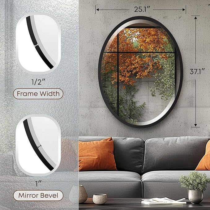 OVALCREST - Oval Wooden Beveled Wall Mirror for Home Decor, Bathroom, Vanity, Bedroom, Living Room, Hallway - London Style (Matte Black) 25.1 x 37.1