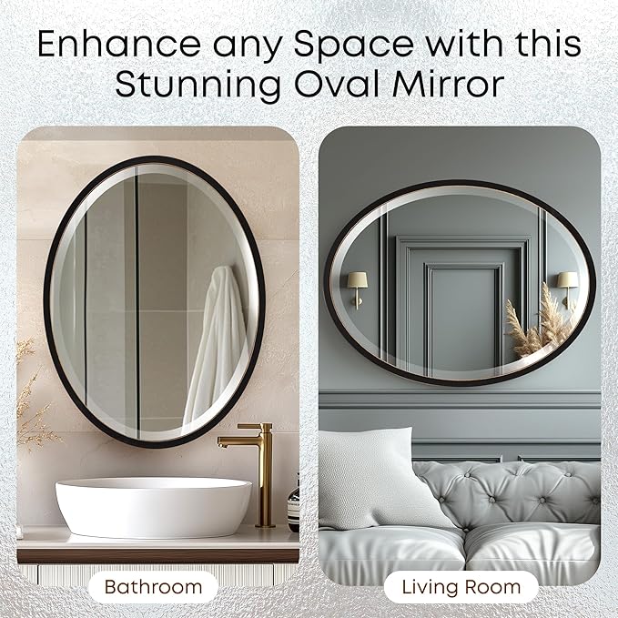 OVALCREST - Oval Wooden Beveled Wall Mirror for Home Decor, Bathroom, Vanity, Bedroom, Living Room, Hallway - London Style (Rubbed Black) 21.1 x 25.1