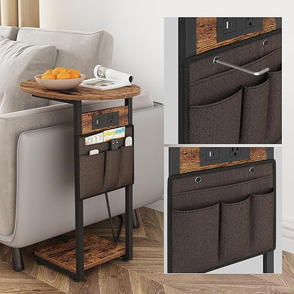 Vagusicc C Shaped End Table with Charging Station, Small Side Table for Couch, TV Tray Table Slide Under Sofa Table for Living Room Bedroom, Round Couch Side Table C Table for Sofa, Rustic Brown