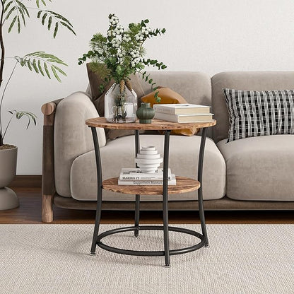 BOFENG Round Coffee Table Side Table,Round End Table with 2 Storage Shelves for Living Room, Bedroom,Small Space,Coffee Table Nightstand with Sturdy Metal Frame,Easy Assembly,Rustic Brown