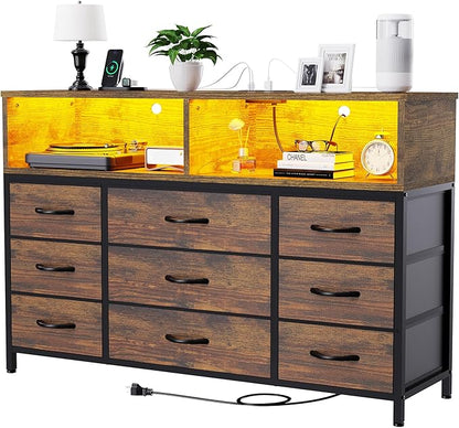 Dresser for Bedroom, 9 Drawers Led Dresser TV Stand with Power Outlets and LED Lights, Long Fabric Dressers Wide Chest of Drawers with Large Organizer for Living Room, Entryway, Hallway