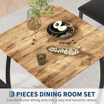 Small Dining Table Set for 2,3-Piece Kitchen Table Set with Thick Wood Grain Tabletop & 2 Upholstered Chairs & Metal Frame, Compact Table Set for Small Spaces, Kitchens & Dining Rooms (Brown)