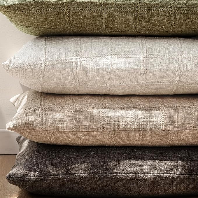 Foindtower Set of 2 Decorative Linen Check Throw Pillow Covers Neutral Farmhouse Vintage Cushion Covers Modern Coastal Boho Home Decor For Sofa Chair Couch Bedroom Living Room Outdoor,18×18 Inch,Camel