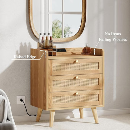 Rattan Nightstand with Charging Station, Night Stand with 3 Large Drawers, Side Table with USB Ports and Outlets, Bedside End Table for Bedroom