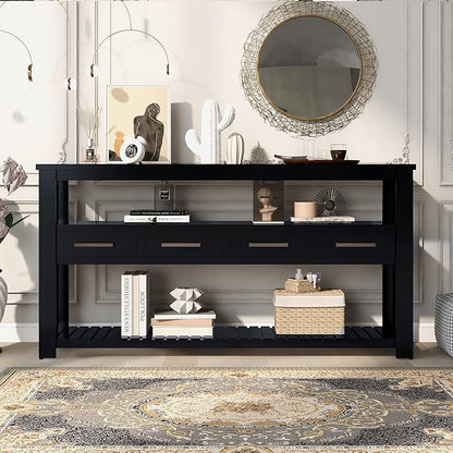 Ball & Cast 62.2“ Contemporary 4 Drawers Console Table, Long Entryway Table with Drawer & 3 Tier Shelves, Modern Storage Sofa Table, Farmhouse Wood Couch Table for Entrance Hallway Living,Black